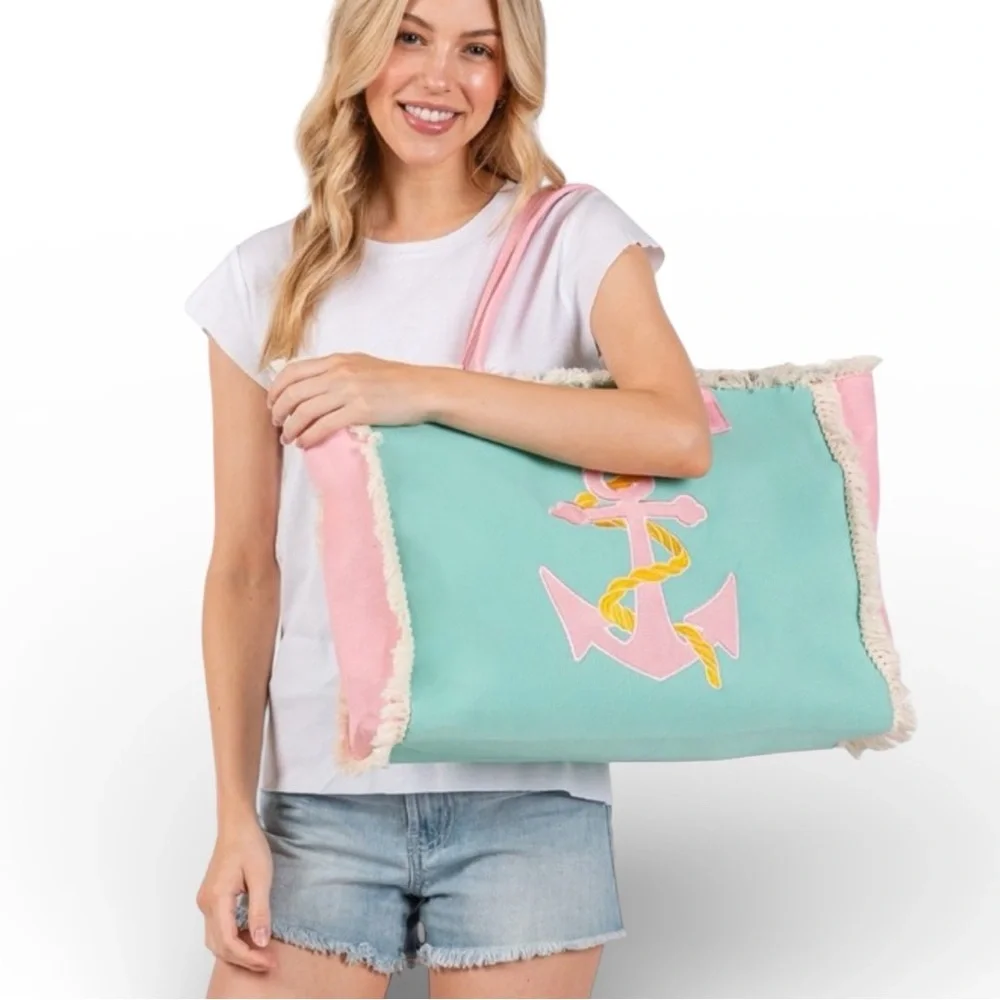 Pastel Anchor Tote Bag Fringe